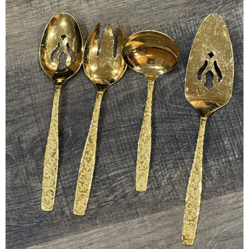 Vtg. Americana Golden Heritage Golden Scroll Serving Set 4 Piece Gold Plated MCM